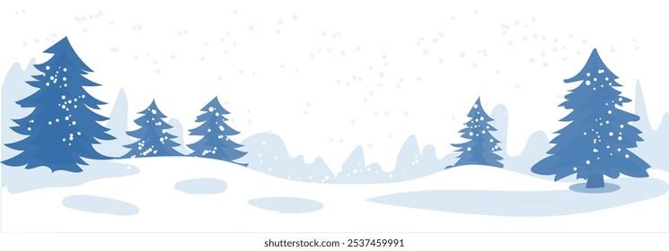Uma paisagem serena de inverno com árvores cobertas de neve e colinas suaves em uma paleta de cores suaves. Natal. Ilustração vetorial