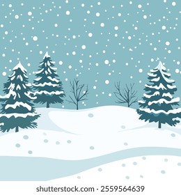 A serene winter landscape featuring snow-covered evergreen trees and a gentle snowfall against a light blue background. The scene captures the tranquility and beauty of a snowy day.
