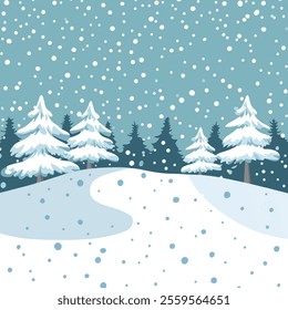 A serene winter landscape featuring snow-covered evergreen trees and a gentle snowfall against a light blue background. The scene captures the tranquility and beauty of a snowy day.
