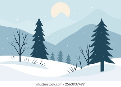 A serene winter landscape featuring snow-covered hills, tall evergreen trees, and a pale sun rising over distant mountains, with gentle snowfall adding to the tranquil scene.