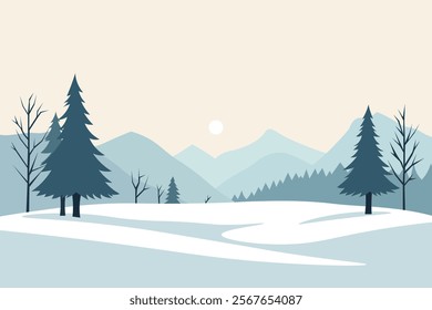 A serene winter landscape featuring snow-covered ground, pine trees, bare trees, and distant mountains under a pale sky with the sun visible.