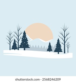 A serene winter landscape featuring snow-covered ground, evergreen trees, bare trees, and a large sun rising behind distant mountains, creating a peaceful and picturesque scene.