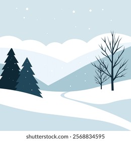 A serene winter landscape featuring snow-covered hills, evergreen trees, and bare trees. Snowflakes gently fall from the sky, creating a peaceful and picturesque scene.