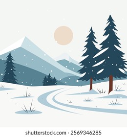 A serene winter landscape featuring snow-covered ground, pine trees, distant mountains, and a setting sun.