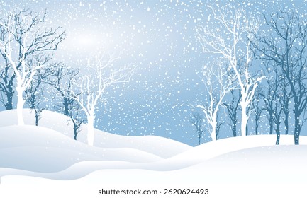 Serene winter landscape featuring snow-covered hills and bare trees in snowfall. Ideal for seasonal greeting cards, winter-themed backgrounds, or holiday promotions.