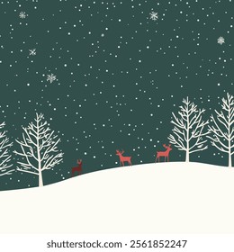 A serene winter landscape featuring a snowy hill with two reindeer and bare trees against a dark green sky filled with falling snowflakes.
