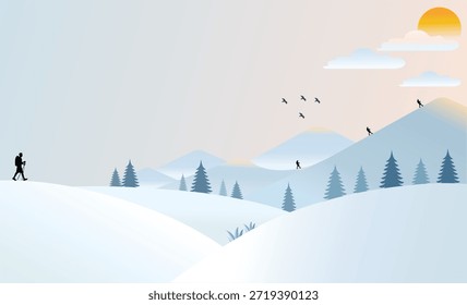 Paisagem Serena de inverno com Pinheiros e Nascer do Sol, Homem caminhando com mochila e trekking poloneses na montanha.