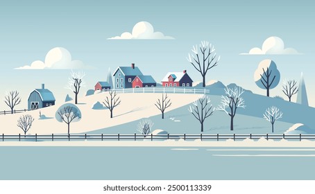 A serene winter landscape showcasing a peaceful countryside with snow-covered houses, trees, and a barn, offering a picturesque view of rural tranquility.