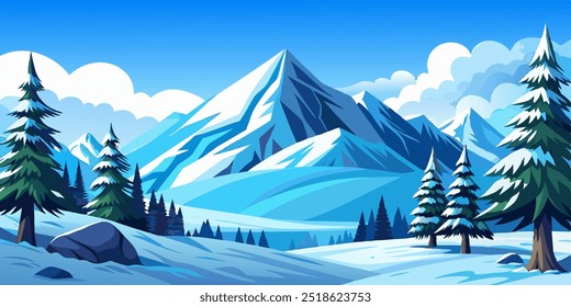 A serene winter landscape with snow-capped mountains, evergreen trees, and a clear blue sky. Perfect for creating a peaceful and tranquil atmosphere in your designs.