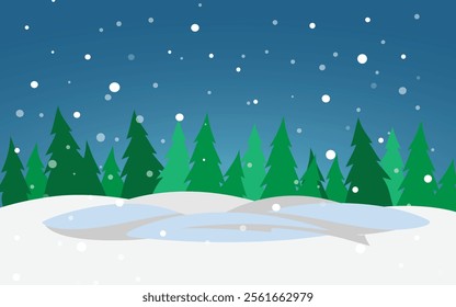 Serene winter landscape with a snow-covered evergreen tree surrounded by pine trees, under a clear blue sky with soft clouds. Ideal for winter and holiday-themed designs.