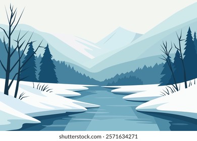 A serene winter landscape with snow-covered mountains, a winding river, and a forest of pine trees. The scene evokes a sense of peace and tranquility.