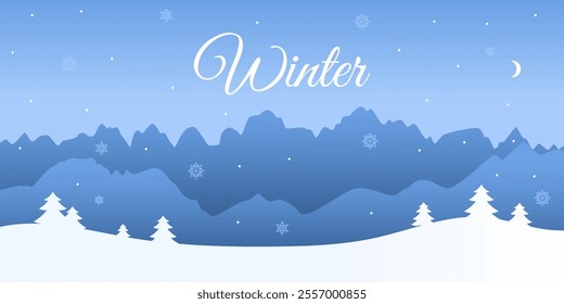 Serene winter landscape with snowy fields, trees, and a peaceful atmosphere. Vector background for seasonal designs, holiday themes and greeting cards