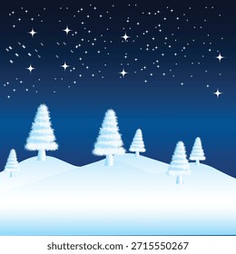 A serene winter landscape under a starry night sky, featuring snow-covered hills and evergreen trees.