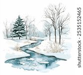 Serene winter landscape vector illustration in watercolor style.Tranquil, snow-covered scene with a winding stream partially frozen, flowing through the center. Large evergreen tree covered in snow.