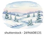 Serene winter landscape vector illustration. Peaceful scene depicts snow-covered fir trees, rolling hills, winding river under gentle sky.