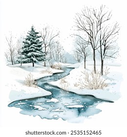 Serene winter landscape vector illustration in watercolor style.Tranquil, snow-covered scene with a winding stream partially frozen, flowing through the center. Large evergreen tree covered in snow.