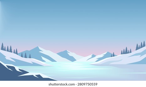 Serene winter landscape vector illustration featuring snow-capped mountains, a frozen lake, and pine trees under a clear blue sky. Great for holiday greeting cards, winter promotions, and desktop wallpapers.