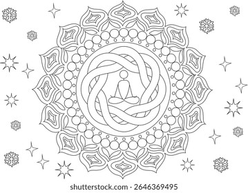 Contorno de Mandala de Meditação Serena de inverno com Flocos de Neve e Estrelas, Perfeito para Páginas de Coloração Mindfulness, Arte Zen Espiritual, Gráficos de Relaxamento de Yoga, ou Projetos Decorativos Calmos.