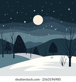 a serene winter night landscape. The scene features a snow-covered ground with bare trees and snow-capped coniferous trees scattered throughout. In the background, rolling hills and