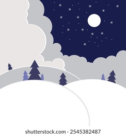 A serene winter night scene with a full moon casting its glow over a snowy hill