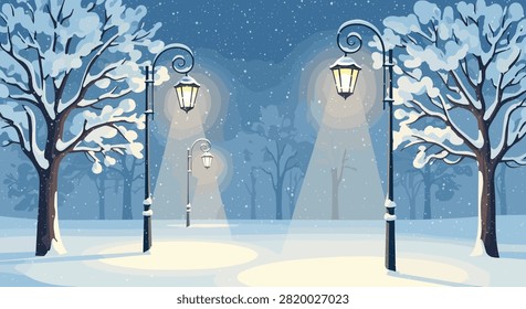 Serene winter night scene in a snow covered park featuring glowing street lamps illuminating frozen trees and a quiet path during a snowfall.