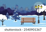 A serene winter night scene with a snow-covered park bench and city skyline in the background