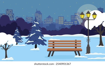 A serene winter night scene with a snow-covered park bench and city skyline in the background