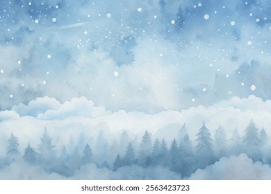 A serene winter scene with a blue sky and snow falling gently on the ground. The trees in the background are covered in snow, creating a peaceful and tranquil atmosphere