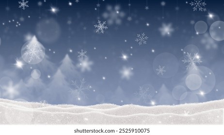 Ruhige Winterszene mit herabfallenden Schneeflocken, schneebedecktem Boden und verträumter sanfter Beleuchtung. Ideal für festliche, weihnachtliche oder saisonale Designs und Winterhintergründe.