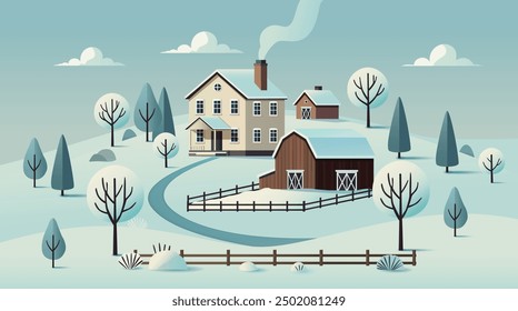 A serene winter scene featuring a cozy farmhouse, barn, and snow-covered landscape, perfect for seasonal designs and illustrations.