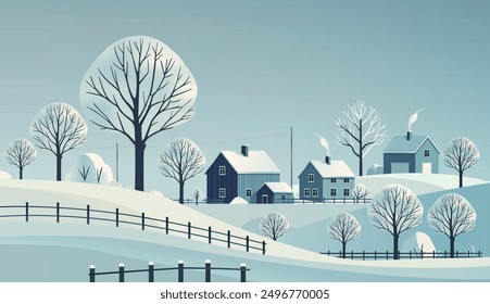 A serene winter scene featuring quaint houses, snow-covered trees, and a peaceful landscape. Winter background vector