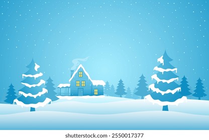 Serene winter scene featuring snow gently falling over a hilly landscape filled with pine trees in a village. Perfect for holiday, seasonal designs, or cozy winter themed projects