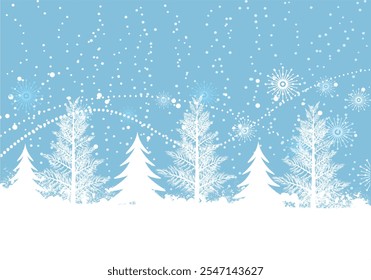 A serene winter scene featuring snow-covered pine trees against a light blue background with falling snow and festive sparkles, perfect for holiday cards or seasonal designs