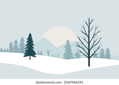 A serene winter scene featuring snow-covered ground, various evergreen trees, a bare tree, and a large sun setting behind distant mountains, with snowflakes gently falling.