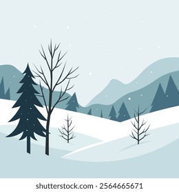 A serene winter scene featuring snowy hills, leafless trees, and evergreen pines under a light snowfall.