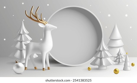 A serene winter scene featuring a white reindeer with golden antlers, surrounded by snow-covered trees and golden baubles, evoking festive elegance and holiday spirit.