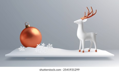 A serene winter scene featuring a white reindeer with golden antlers, surrounded by snow-covered trees and golden baubles, evoking festive elegance and holiday spirit.