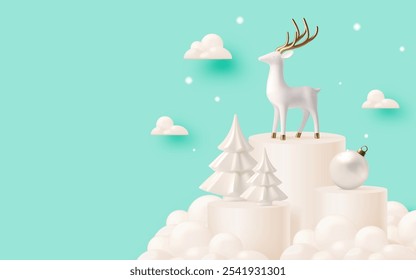 A serene winter scene featuring a white reindeer with golden antlers, surrounded by snow-covered trees and golden baubles, evoking festive elegance and holiday spirit.