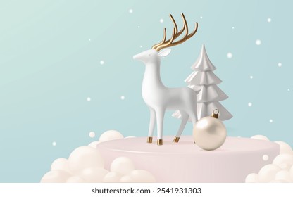 A serene winter scene featuring a white reindeer with golden antlers, surrounded by snow-covered trees and golden baubles, evoking festive elegance and holiday spirit.