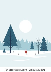 A serene winter scene of a lone figure in red, surrounded by snow-covered trees under a soft, pale sky.