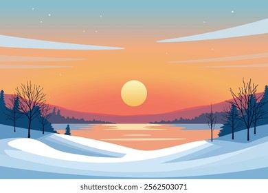 A serene winter sunset. Vector Illustration