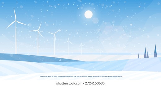 Uma serena paisagem vetorial de inverno com turbinas eólicas em campos de neve sob um céu azul claro, representando energia renovável limpa e um futuro sustentável
