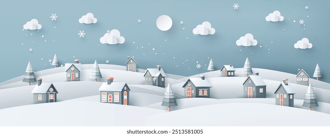 A serene winter village rests beneath a clear sky, with snow-covered houses, trees, and soft clouds. The peaceful scene captures the charm of a quiet winter night.paper cut art style.