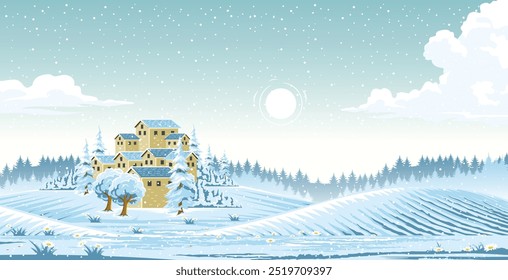 A serene winter village sits under a frosty sky, surrounded by snow-laden trees and rolling hills.