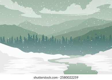 Serene Winter Wonderland, Snowy Forest Landscape wit Trees and Evergreens Under a Starry Sky