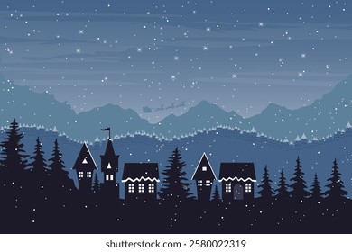 Serene Winter Wonderland, Snowy Forest Landscape wit Trees and Evergreens Under a Starry Sky