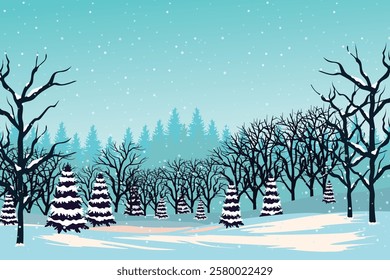 Serene Winter Wonderland, Snowy Forest Landscape wit Trees and Evergreens Under a Starry Sky