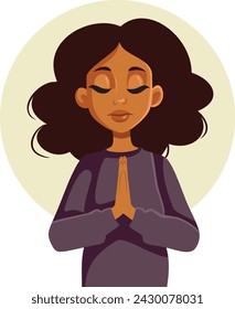 
Serene Woman of Black Ethnicity Praying Vector Character Illustration. Religious girl feeling hopeful and devoted 
