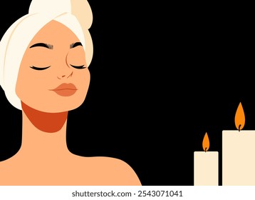 A serene woman with closed eyes, hair wrapped in a towel, next to burning candles on a dark background.