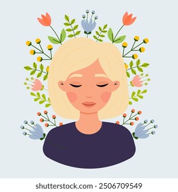 A serene woman with closed eyes surrounded by colorful flowers on a light background